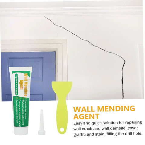 Two Pack Wall Mending Repair Kit With Scraper And Quick Drywall Paste For Cracks, Holes, Gaps, Graffiti Fixes, Self Adhesive Patch Cream, Easy Fast Repair For Damaged Walls displayed with tools and cracked wall background
