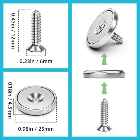 Six Pack 70 Lbs Neodymium Round Base Cup Magnets With Countersunk Holes For Holding Tools, Lifting And Wall Mounting shown with screws