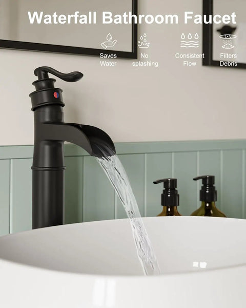 Vessel Sink Faucet Waterfall Matte Black With Pop Up Drain Without Overflow And Supply Lines One Handle Vanity Bathroom Mixer Tap Durable Solid Brass Construction Sleek Dope Finish