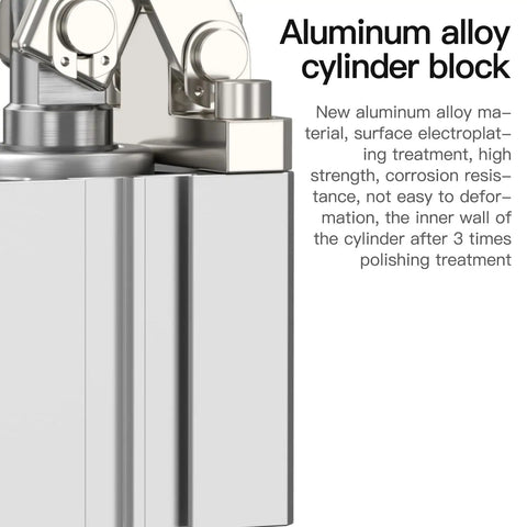 Heavy Duty Pneumatic Clamping Cylinder With Lever Arm Two And A Half Inch Bore Down Acting Grip Clamp For Jigs Fixtures And Mold Pressing Aluminum No Sweat Workhorse close-up of polished aluminum alloy cylinder block.