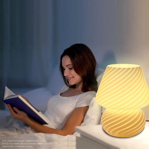 Woman reading by Mushroom Glass Table Lamp With White Stripe, Vintage Murano Inspired Night Light For Bedroom And Living Room