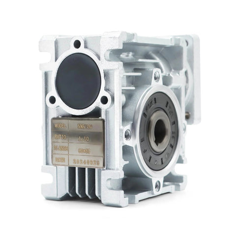NMRV30 worm gear reducer with silver metal housing and visible 1:10 ratio nameplate.