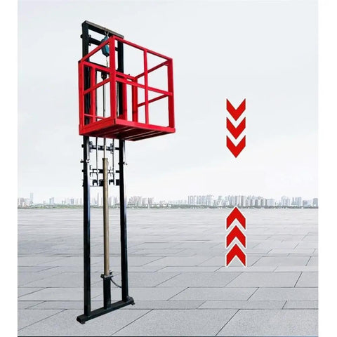 Compact Electric Lift Table With Guide Rail For Warehouse Or Basement shown in use with lifting platform extended outdoors.