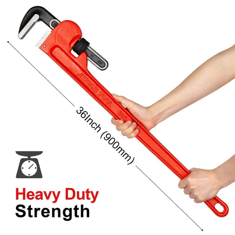36 Inch Heavy Duty Pipe Wrench With Adjustable Aluminum Body And Floating Hook Jaw Rust Resistant Red I Beam Handle Rugged Grip