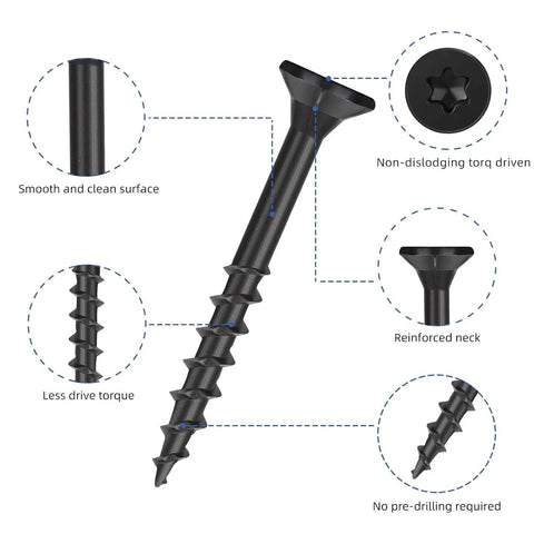 Black Deck Screws With Epoxy Coating For Wood Fence And Outdoor Decking, Rust And Salt Spray Resistant, T25 Torx Bit Included, Size Eight By One And A Half Inches, close-up features.