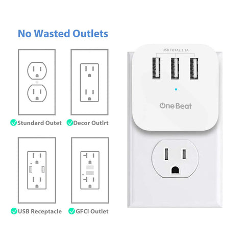 Travel Ready Three Outlet Extender With Three USB Ports And Built In Surge Protector, wall plug design shown in use on wall.