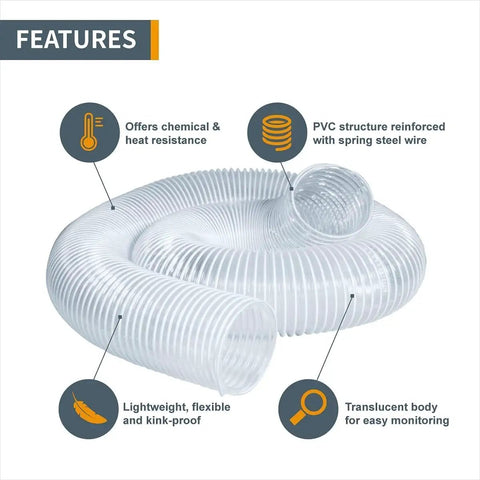 Heavy Duty Flexible Clear Dust Collection Hose Kit Featuring 4 Inch By 20 Feet Tubing, translucent flexible hose showcasing features.