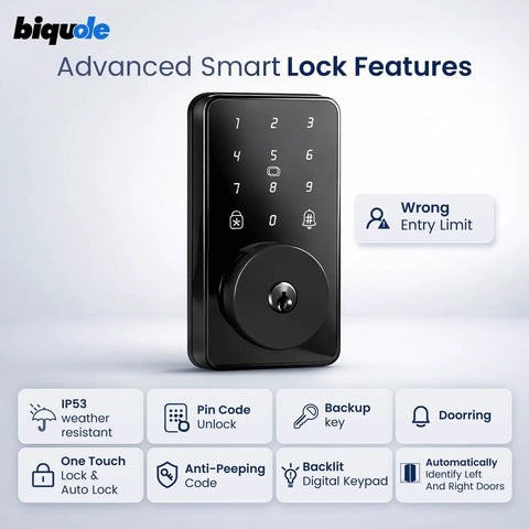 Heavy Hitter Smart Deadbolt With Keyless Entry, Smooth Touchscreen Keypad For Exterior Doors, features a sleek black design with a digital keypad.