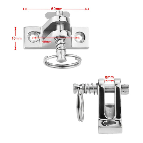 Bimini Top Hardware Set for Boats, 316 Stainless Steel deck hinge with quick release pin, precise measurements shown