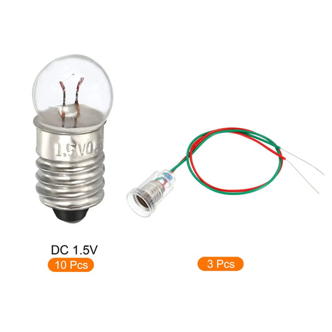 Rock Solid E10 Screw Base Miniature Bulbs 10 Pack 1.5V with 3 lamp holders and wiring for flashlights and projects.