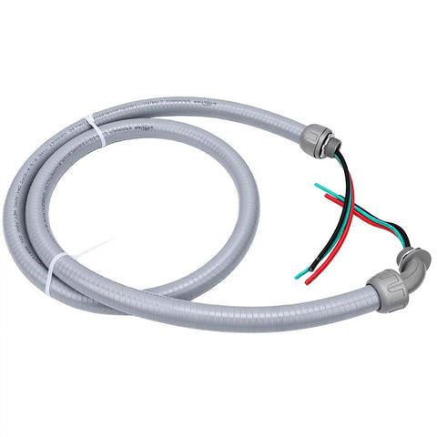 Heavy Duty Liquid Tight Flexible Conduit AC Whip Kit 3/4 Inch X 6 Foot with pre-terminated copper wires and rugged PVC tubing.