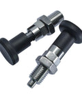Heavy Duty Stainless Steel Self Locking Positioning Plunger Knob M16 Fine Thread Spring Pin with black handle and threaded base.