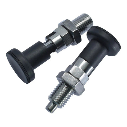 Heavy Duty Stainless Steel Self Locking Positioning Plunger Knob M16 Fine Thread Spring Pin with black handle and threaded base.