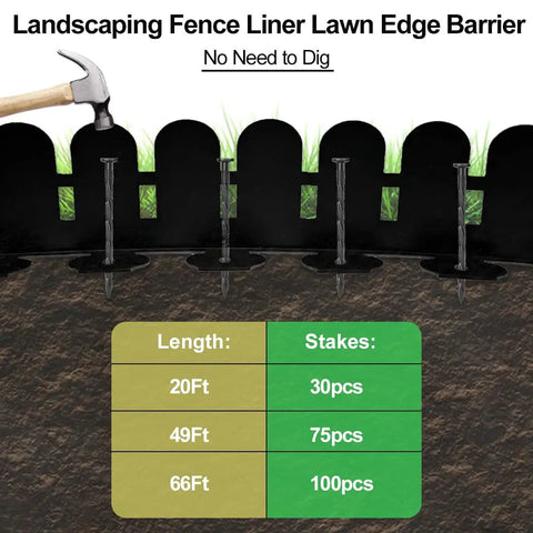 Close-up of 5.5 Inch Tall Garden Edging Border Kit With 20 Feet Of Flexible Plastic Border for Lawns Yards and Flower Beds Tools Free Install with 30 Anchoring Spikes Black with hammer and stakes chart visible.