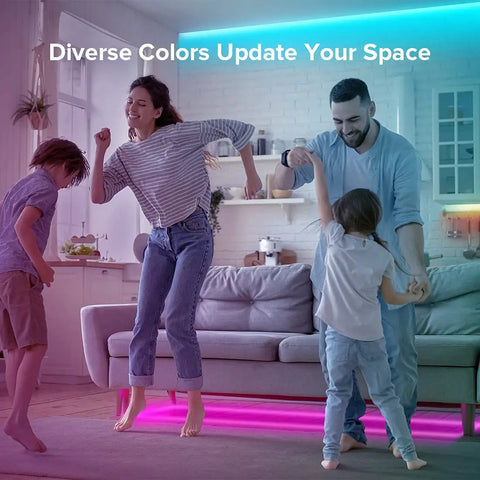 Family dancing in living room with RGBW Bluetooth LED Strip Lights With App Control, 65.6ft Color Changing Tape Featuring RGB And Pure White 2700K-7000K, Vibe Lighting, Music Sync, IR Remote, 12V Power For Bedroom, Desk, Home Decor.