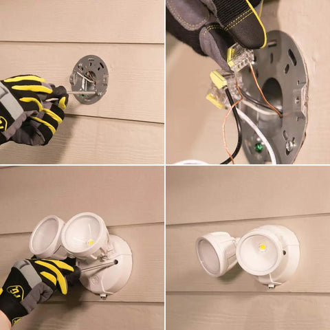 Installation of Outdoor Security Flood Light Twin Head LED Dusk To Dawn 1600 Lumens White With Photocell Sensor on wall