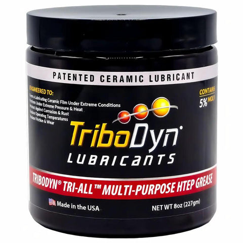 Tri-All HTEP Grease Jar For High Temp And Extreme Pressure Duty, black 8 oz jar, ceramic lubricant, label showing "TriboDyn" brand