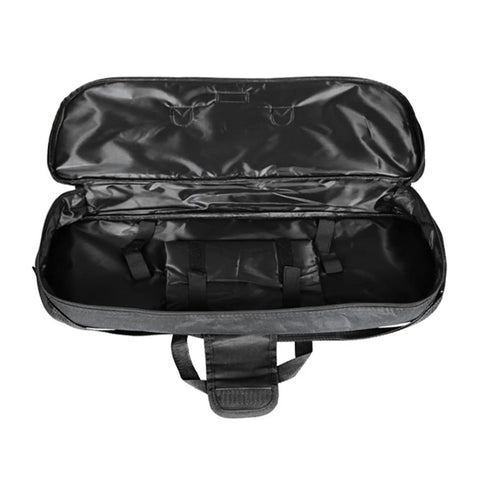 Open black heavy duty large capacity multipurpose telescope bag with shock absorption and non slip closure, visible interior compartments.