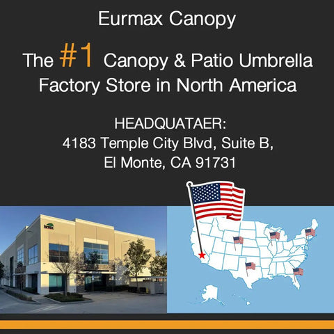Eurmax Canopy store location in North America with building image, map, and address details, highlighting availability of 4 Pack 150 Pound Universal Canopy Weight Bags Heavy Duty Windproof Sandbags With All Around Wrap Design For Ultimate Stability Of Pop Up Tents And Shelters In High Winds Sand Not Included
