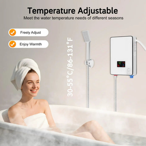 Space Saving Electric Tankless Water Heater With 4500 Watt Element Serving Straight Up Instant Hot Water For Shower Kit with user enjoying bath.
