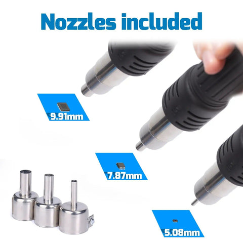 Pro Grade Hot Air Rework Station Nozzles Included with Detachable Soldering Gun, 3 Sizes Displayed, 212 to 896 Fahrenheit