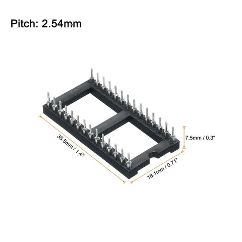 2.54mm Pitch DIP IC Socket Connector, 28 Pins, Dual Row, 15.2mm Row Pitch, Round Pins, Easy Soldering, black thermoplastic body