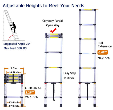 6.6Ft Telescoping Aluminum Ladder, Collapsible And Lightweight, Grab And Go Portable For RV And Home Use, 330Lb Capacity