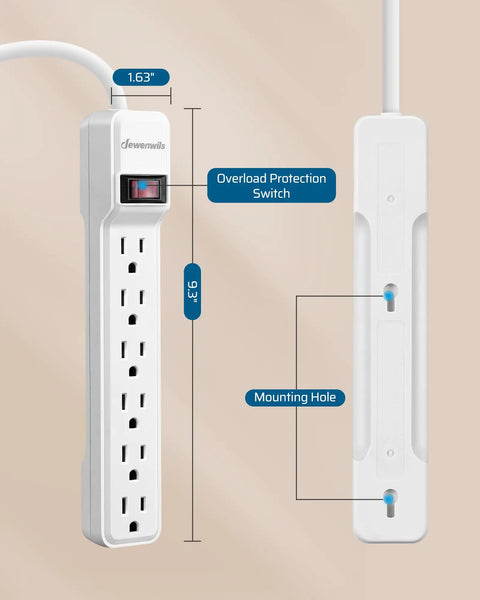 Six Outlet Surge Protector Power Strip With 10 Foot Extension Cord Flat Plug Low Profile Design Wall Mount White