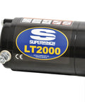 Close-up of 2000 Pound 12 Volt ATV Winch With Low Amp Permanent Magnet Motor casing, featuring product branding and labels.