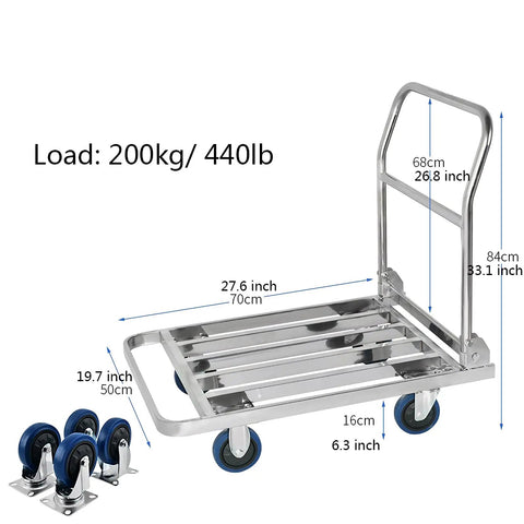 Heavy Duty Foldable Platform Truck Cart With Spacious Steel Flatbed For Moving Bulky Furniture Hauling Yard Gear And Warehouse Freight With Zero Sweat, shown with dimensions and wheels.