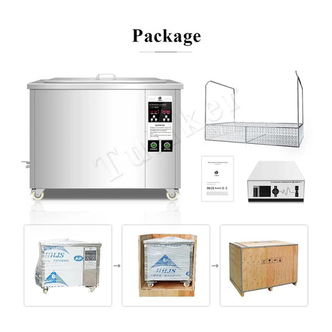 Big 88 Gallon Digital Ultrasonic Parts Cleaner For Cars, Trucks And Bikes with packaging details and parts.