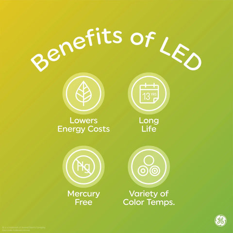 Benefits of LED lighting infographic with icons: Lowers Energy Costs, Long Life, Mercury Free, Variety of Color Temps.