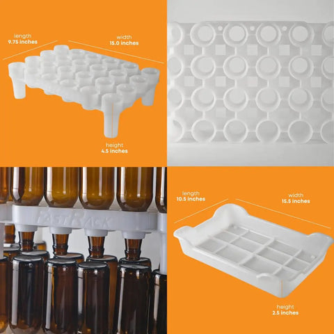 Top Shelf Bottle Drying Rack And Tray Bundle For Homebrewers Holds Sixty Vessels Stackable Dishwasher Safe Stand with clear measurements.