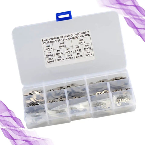 External Stainless Steel Retaining Ring Kit 400Pcs M1.5 To M15 E Shaped Snap Rings Set in open box view