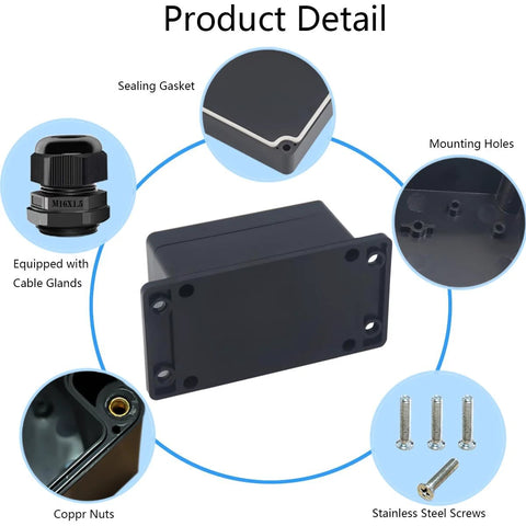 Detailed view of IP65 waterproof project box with sealing gasket, cable glands, copper nuts, mounting holes, and stainless steel screws.