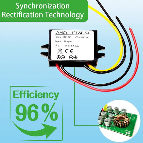 12V To 24V Boost Converter Waterproof IP68 Module, 5A 120W Step Up Power Supply For Car Truck Boat RV Van, close-up view of efficiency