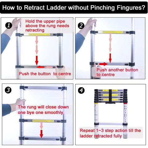 Instruction manual for retracting the 6.6Ft Telescoping Aluminum Ladder, Collapsible And Lightweight, Grab And Go Portable For RV And Home Use, 330Lb Capacity, Easy To Extend, Quick Lock, Compact Stowable Design without pinching fingers.