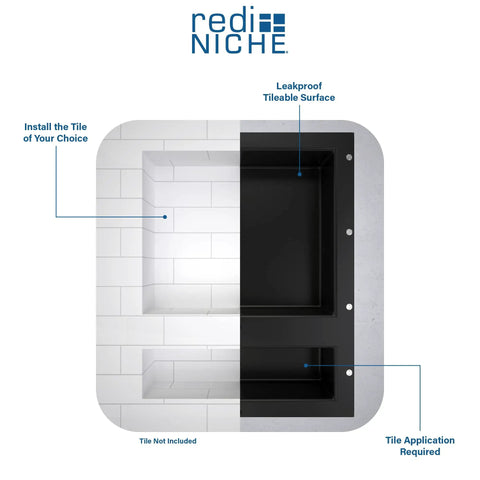 Triple Niche Recessed Shower Shelf With Three Built In Shelves Install Horizontal Or Vertical To Maximize Space Ideal For Soap Shampoo Razors And More Ready To Tile Surface For Custom Look 16 Inch Wide By 34 Inch High By 4 Inch Deep shown with leakproof tileable surface