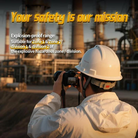 Engineer using intrinsically safe 4K camera in hazardous industrial zone ensuring explosion protection.