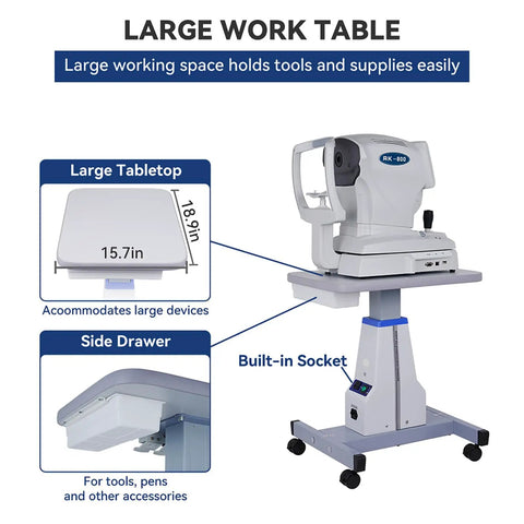 Heavy Duty Motorized Lift Table With Wheels And Black Chassis For Medical Optics Dental Beauty Kit 26 To 32 Inches Adjustable Height Stand, featuring a large tabletop and side drawer.