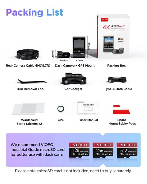 Packing list for A229 Pro 4K HDR Dash Cam With Dual STARVIS 2 Sensors IMX678 And IMX675 Front 4K And Rear 2K Car Camera HDR
