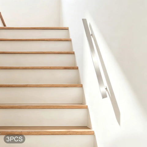 Heavy Duty Flush Handrail Set Wall Mount Stainless Steel Stair Railing Kit on stairs with wood steps and white wall.