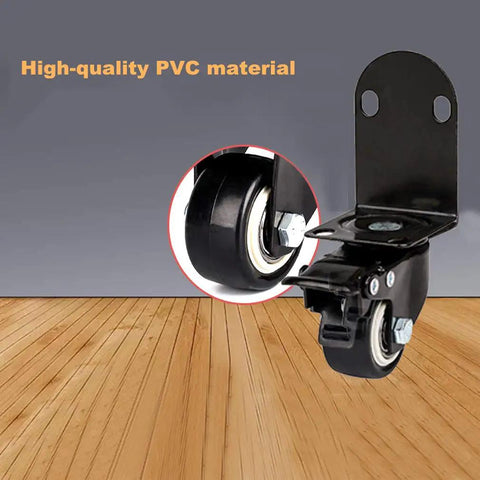 Ridiculously Smooth Swivel Caster Wheels 4 Pack with Heavy Duty L Shaped Brackets, black PVC wheel close-up on wood surface.