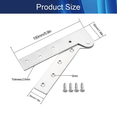 Top Shelf Stainless Steel Hidden Offset Knife Hinges With A Slick 360 Degree Pivot Design For No Hassle Cabinet And Cupboard Door Upgrades In Polished Silver, showing size measurements and included screws.