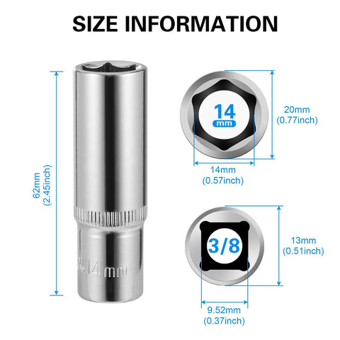 4-Piece 14Mm Socket Set With 3/8 Inch Drive, size details of deep socket, 62mm length, 14mm width, 6-point design