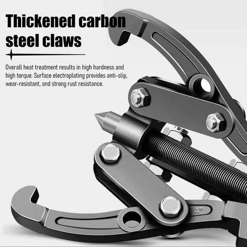 Close-up of Thickened carbon steel claws on Heavy Duty 3 Jaw Bearing Puller Tool With Reversible Grips For Cars Trucks Rv Motorcycle.