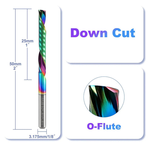 10 Pcs O Flute Downcut Router Bits Set With One Eighth Inch Shank DLC Coated Carbide End Mills One Inch Cutting Length Two Inch Overall Length