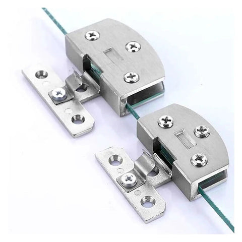 Stainless steel pivot hinges of Shower Door Hinge Set For 5-9mm Glass That Holds Up Like A Boss with visible clamps.