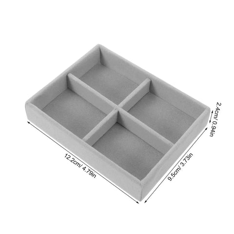 Prime Velvet Jewelry Organizer Tray With Four Grid Sections Stackable Display Holder For Watches Bracelets Rings Dope Compact Storage Setup showing four divided compartments in gray velvet.
