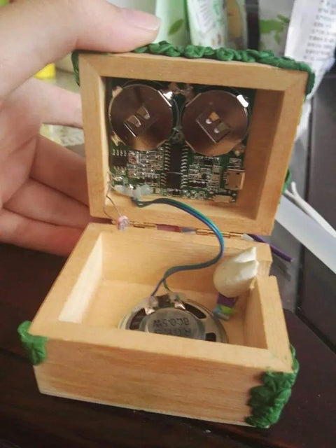 Interior view of the Slick DIY Light Activated Sound Module With Type C Usb Recordable Chip And 8Mb Memory Speaker with wiring.